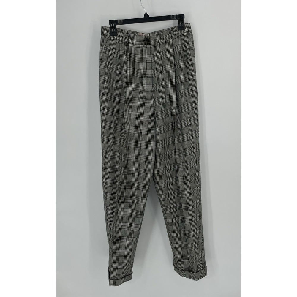Talbots Womens 12 Pants Wool Window Pane Black White Design Cuffed Pleated Lined